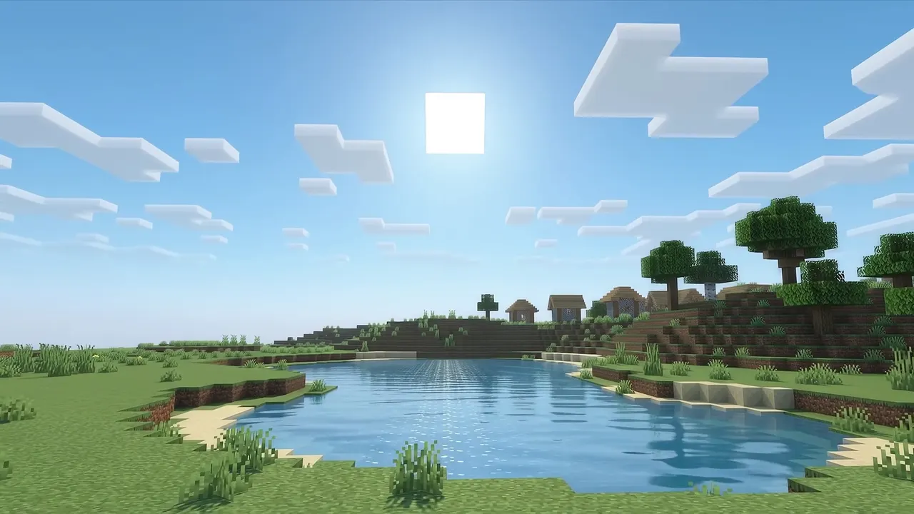 A Minecraft lakeside with a small village on a sunny morning, the world a single seed always generates